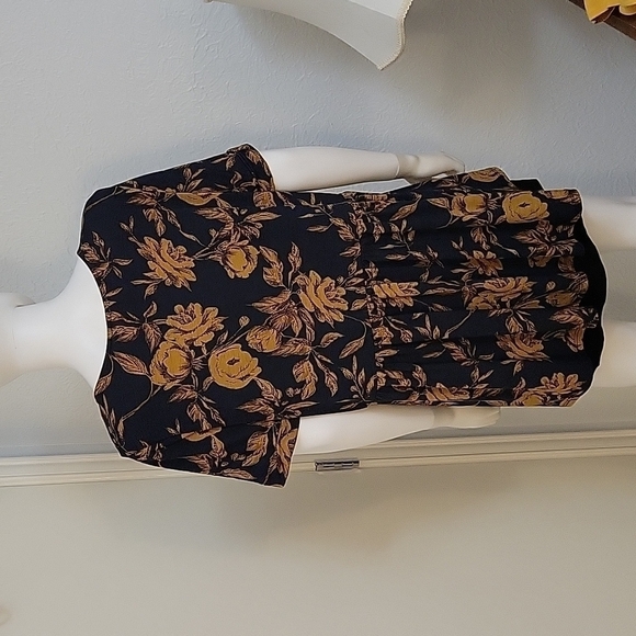 HONEYME Coquette Navy Blue Gold Rose Floral Babydoll Swing Blouse - Picture 5 of 6